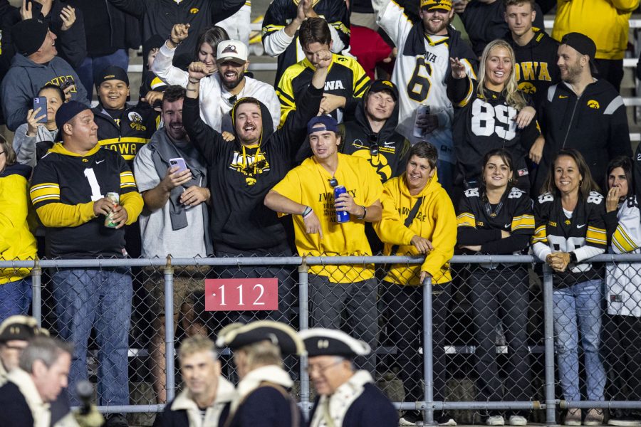 Iowa fans cheer and call for the Rutgers cannon to be fired after a football game between Iowa and Rutgers at SHI Stadium in Piscataway, N.J. on Saturday, Sept. 24, 2022. The Hawkeyes defeated the Scarlet Knights 27-10.