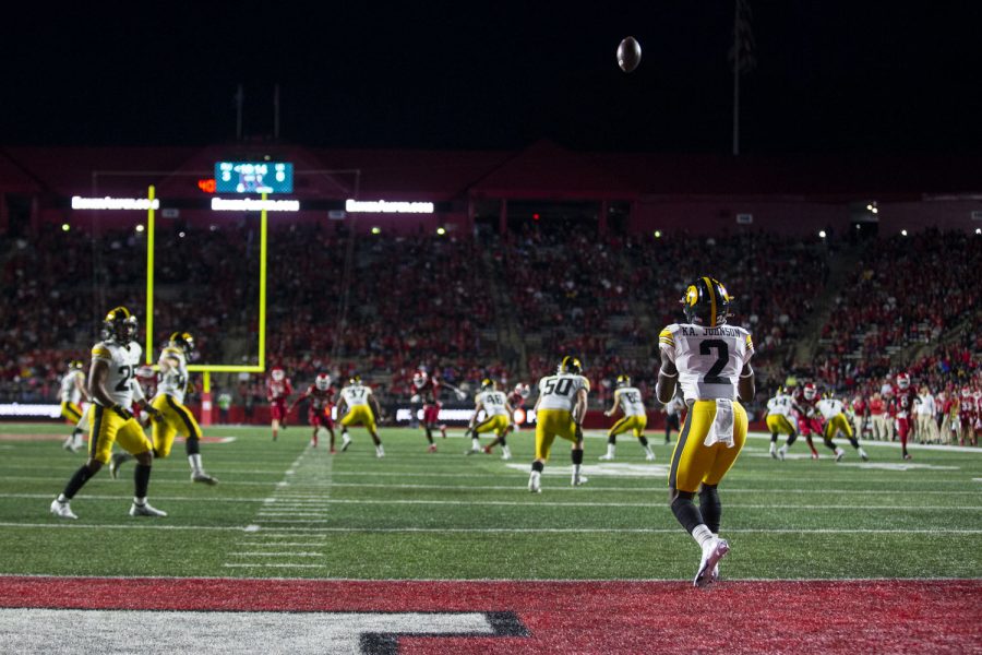 Iowa running back Kaleb Johnson receives a kickoff during a football game between Iowa and Rutgers at SHI Stadium in Piscataway, N.J. on Saturday, Sept. 24, 2022. The Hawkeyes lead the Rutgers 17-3 at halftime. 