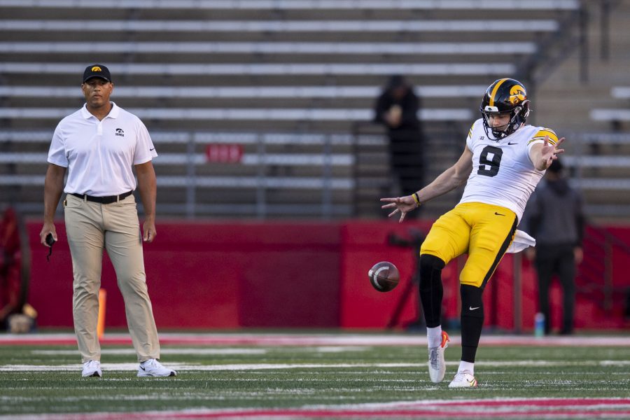 Iowa punter Tory Taylor warms up before a football game between Iowa and Rutgers at SHI Stadium in Piscataway, N.J. on Saturday, Sept. 24, 2022. 