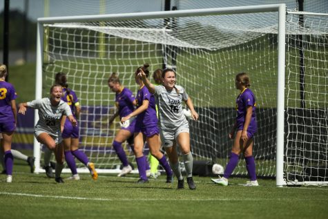 Junior midfielder Kyndal Anderson celebrates on of the Hawkeyes goals on Sunday Sept. 11. Iowa soccer defeated Northern Iowa, 6-0 at the UNI Soccer Field.
