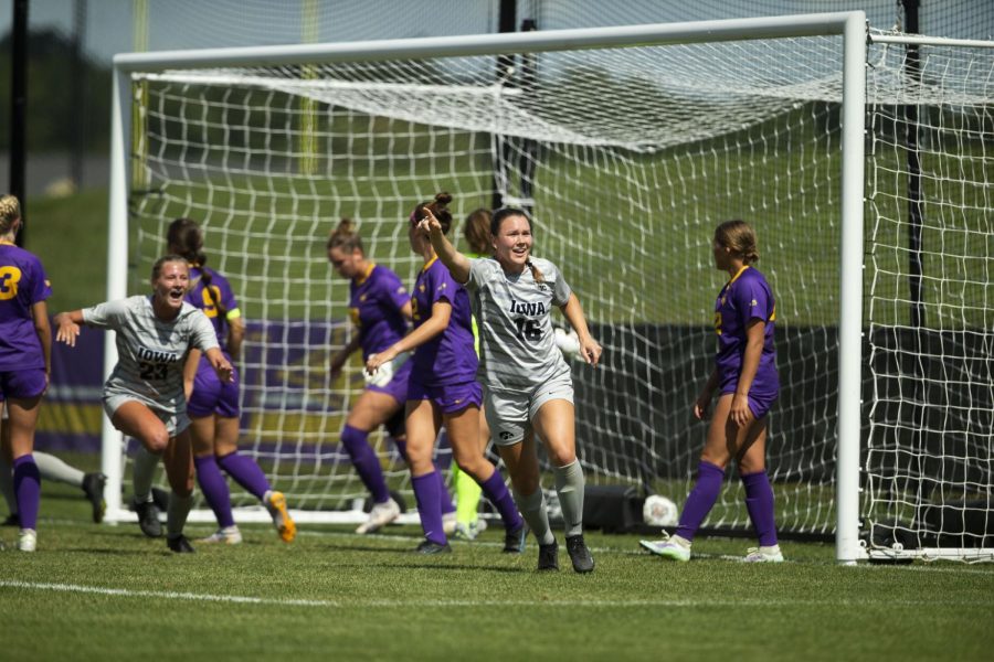 Junior+midfielder+Kyndal+Anderson+celebrates+on+of+the+Hawkeyes+goals+on+Sunday+Sept.+11.+Iowa+soccer+defeated+Northern+Iowa%2C+6-0+at+the+UNI+Soccer+Field.