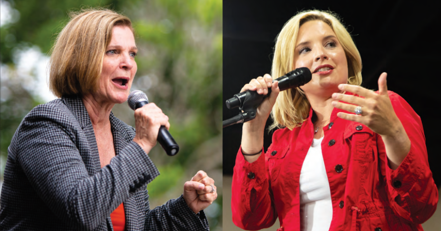 Democratic candidate Liz Mathis and U.S. Rep Ashley Hinson speaking at various political events on Sept. 3 and Aug. 28 respectively.