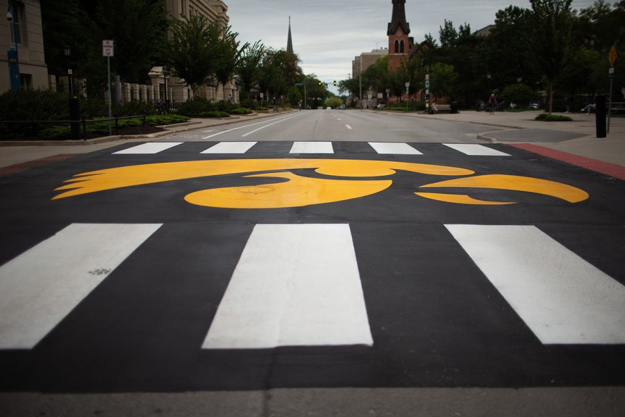 The painting of a tiger hawk on Jefferson Street is seen in Iowa City on Monday, Sept. 12, 2022.