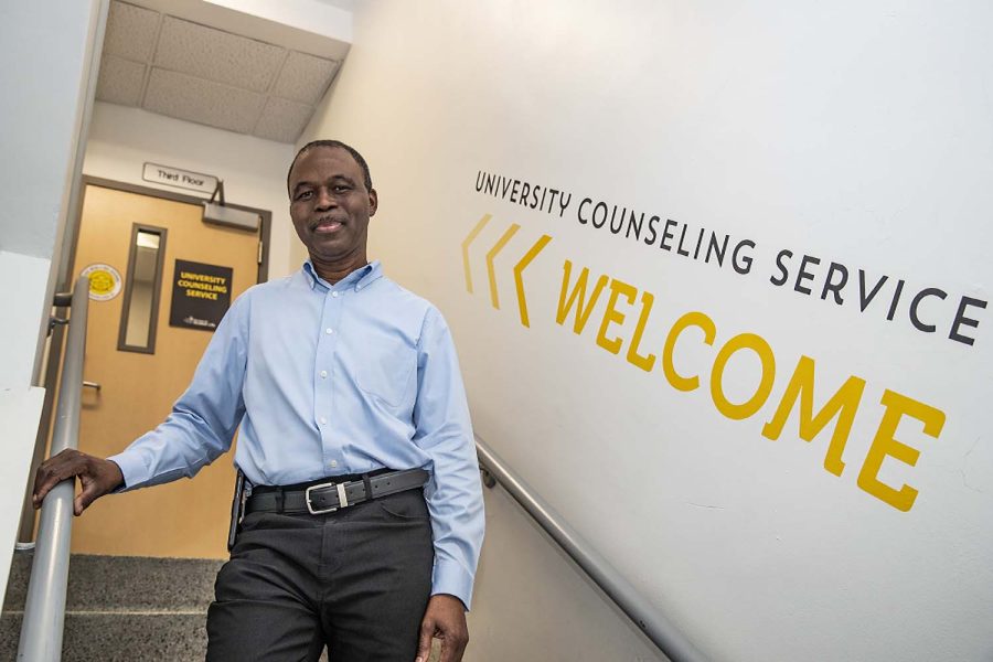University of Iowa Counseling Service director Michael A. Fletcher poses for a portrait at UCS Westlawn in Iowa City on Friday, Sept. 16, 2022. Fletcher started in his new position as UCS director in July 2022 with 14 years of higher education experience. He said he enjoys helping people reach their full potential. “There’s something so gratifying about helping someone in need.”