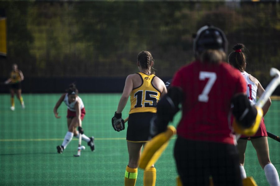 Iowa+Senior+midfielder+Esme+Gibson+watches+an+Indiana+player+play+the+ball+during+a+field+hockey+match+at+Grant+Field+on+Friday%2C+Sept+16.+The+No.+5+Hawkeyes+beat+the+Hoosiers%2C+5-1.