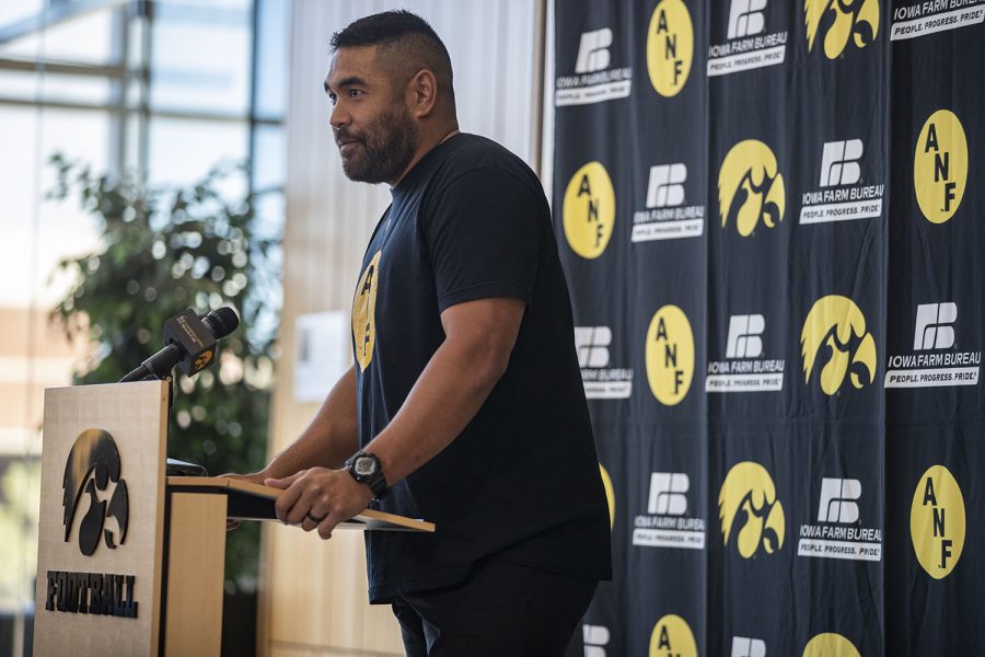 Former+Iowa+tight+end+Tony+Moeaki+answers+questions+after+getting+recognized+as+the+2022+America+Needs+Farmers+%28ANF%29+Wall+of+Honor+recipient+during+an+Iowa+football+weekly+media+availability+at+Hansen+Football+Performance+Center+in+Iowa+City%2C+Iowa+on+Tuesday%2C+Sept.+27%2C+2022.+