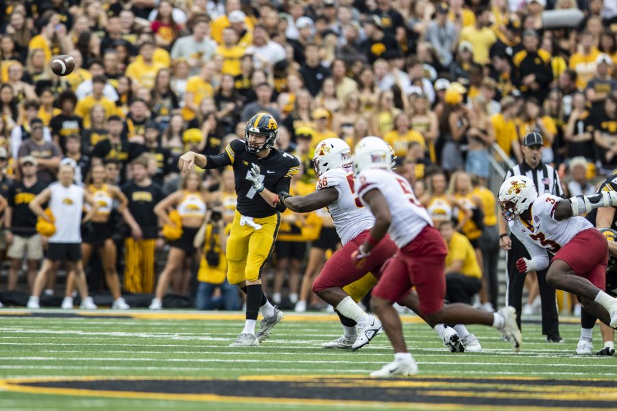 Iowa+quarterback+Spencer+Petras+throws+a+pass+during+a+football+game+between+Iowa+and+Iowa+State+at+Kinnick+Stadium+in+Iowa+City+on+Saturday%2C+Sept.+10%2C+2022.