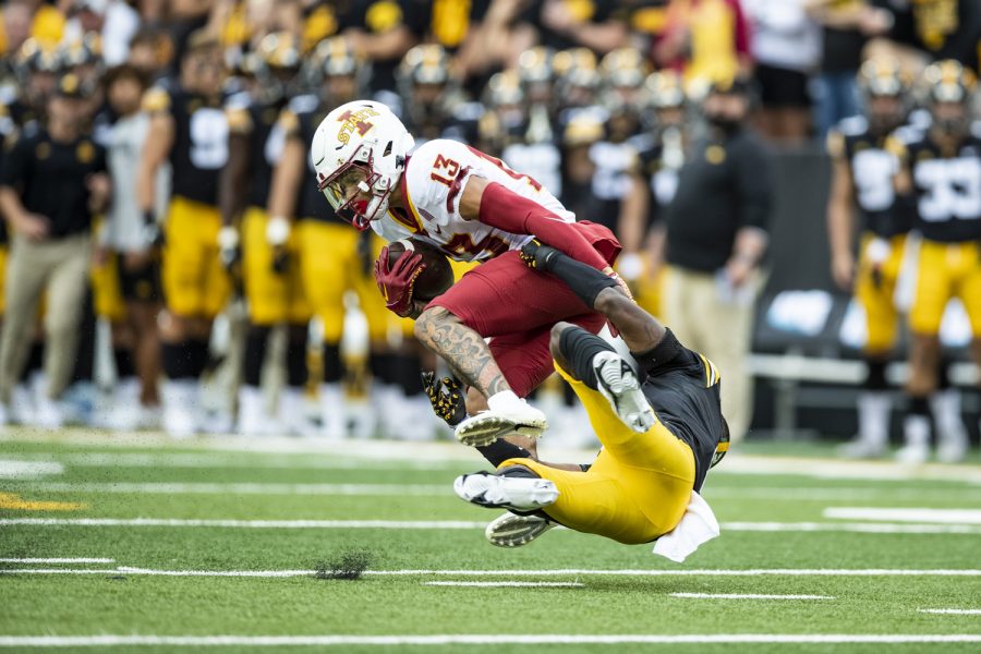 Iowa defensive back Terry Roberts tackles Iowa State wide receiver Jaylin Noel during a football game between Iowa and Iowa State at Kinnick Stadium in Iowa City on Saturday, Sept. 10, 2022.