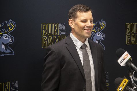 Derek Damon speaks to media during a press conference for the Iowa Heartlanders at Xtream Arena in Coralville on Tuesday, July 5, 2022. The Heartlanders announced Damon will replace former head coach Gerry Fleming as Fleming pursues opportunities overseas. 