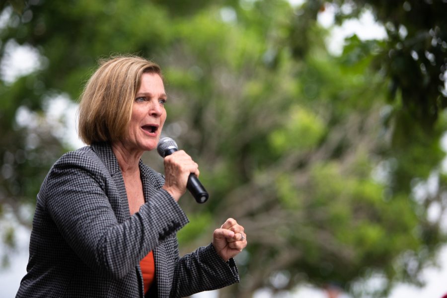 Democratic candidate Liz Mathis speaks at a campaign event for herself and Christina Bohannan at the Sutliff Farm &amp; Cider House in Lisbon, Iowa. Mathis is pursuing a seat in Iowa's 2nd Congressional District in the U.S. House while Bohannan is pursuing a seat in Iowa's 1st Congressional District in the U.S. House.