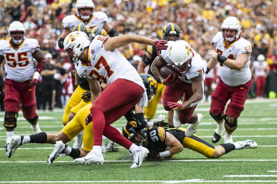 Iowa State running back Jirehl Brock dives during a football game between Iowa and Iowa State at Kinnick Stadium in Iowa City on Saturday, Sept. 10, 2022.