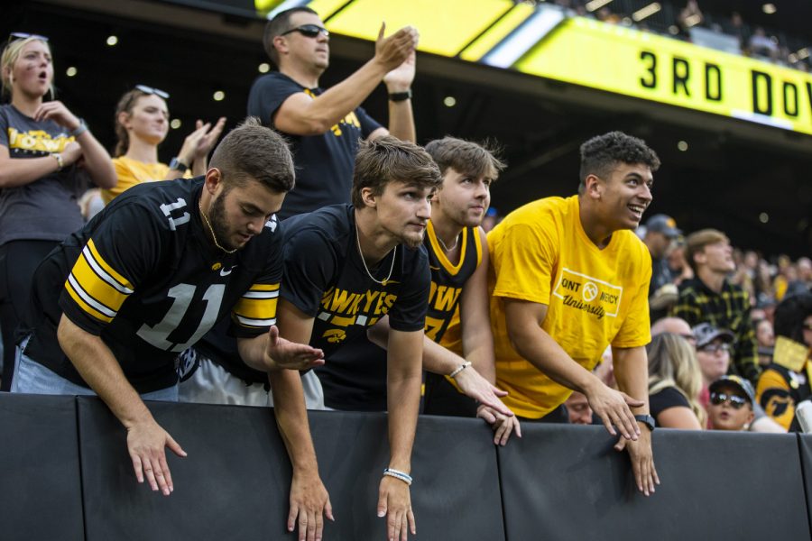 Iowa fans cheer during a football game between Iowa and Iowa State at Kinnick Stadium in Iowa City on Saturday, Sept. 10, 2022.