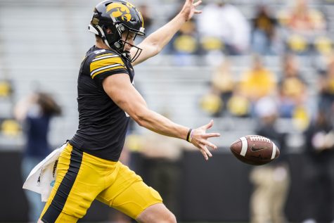 Iowa punter Tory Taylor warms up before a football game between Iowa and Iowa State at Kinnick Stadium in Iowa City on Saturday, Sept. 10, 2022.