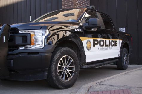 A University of Iowa police truck is seen in Iowa City on Monday, April 11, 2022. 