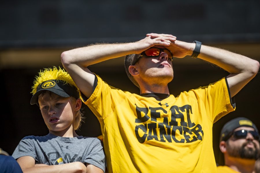 Iowa fans react during a football game between Iowa and No. 4 Michigan at Kinnick Stadium in Iowa City on Saturday, Oct. 1, 2022.