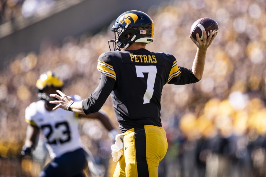 Iowa quarterback Spencer Petras throws a pass during a football game between Iowa and No. 4 Michigan at Kinnick Stadium in Iowa City on Saturday, Oct. 1, 2022.