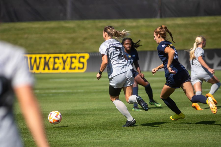 Iowa midfielder Hailey Rydberg dribbles ball down field during a soccer game between Iowa and Michigan at the University of Iowa Soccer Complex in Iowa City on Sunday, Oct. 2, 2022. The Hawkeyes and Wolverines tied, 1-1.