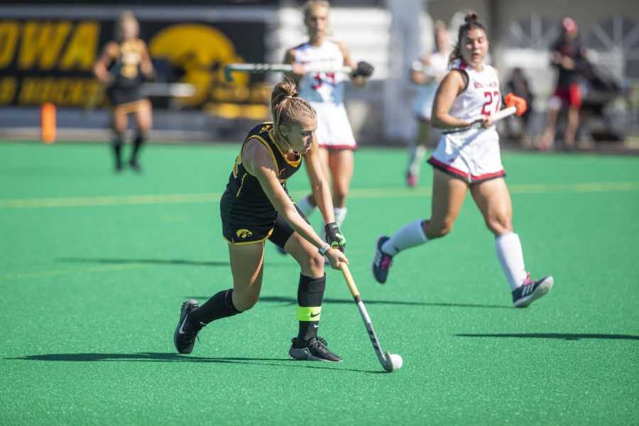 Iowa forward Leah Zellner hits the ball during a field hockey game between Iowa and Rutgers at Grant Field in Iowa City on Sunday, Oct. 2, 2022. The Hawkeyes defeated the Scarlet Knights, 1-0. Zellner recorded one goal.