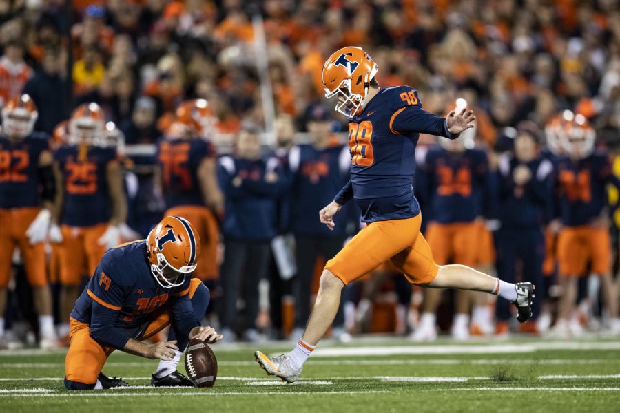 Illinois kicker Fabrizio Pinton kicks a field goal during a football game between Iowa and Illinois at Memorial Stadium in Champaign, Ill., on Saturday, Oct. 8, 2022. The Fighting Illini defeated the Hawkeyes, 9-6. Both Iowa and Illinois’ only points were scored with field goals throughout the game.
