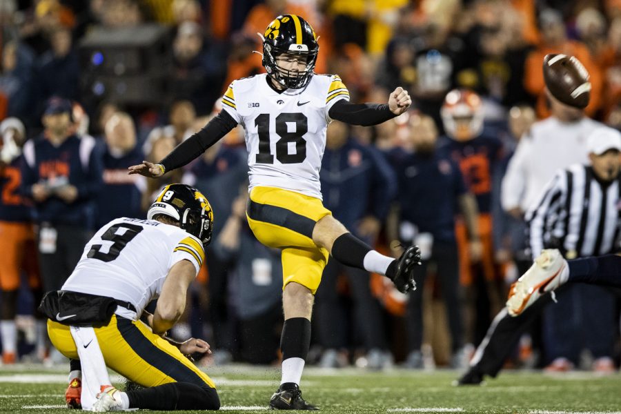 Iowa kicker Drew Stevens attempts a field goal during a football game between Iowa and Illinois at Memorial Stadium in Champaign, Ill., on Saturday, Oct. 8, 2022. The Fighting Illini defeated the Hawkeyes, 9-6.