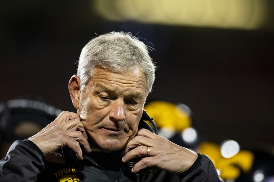 Iowa+head+coach+Kirk+Ferentz+walks+out+of+a+timeout+huddle+during+a+football+game+between+Iowa+and+Illinois+at+Memorial+Stadium+in+Champaign%2C+Ill.%2C+on+Saturday%2C+Oct.+8%2C+2022.+The+Fighting+Illini+defeated+the+Hawkeyes%2C+9-6.