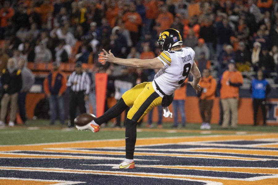 Iowa punter Tory Taylor punts the ball during a football game between Iowa and Illinois at Memorial Stadium in Champaign, Ill., on Saturday, Oct. 8, 2022. The Fighting Illini defeated the Hawkeyes, 9-6. Taylor’s longest punt was 49 yards.