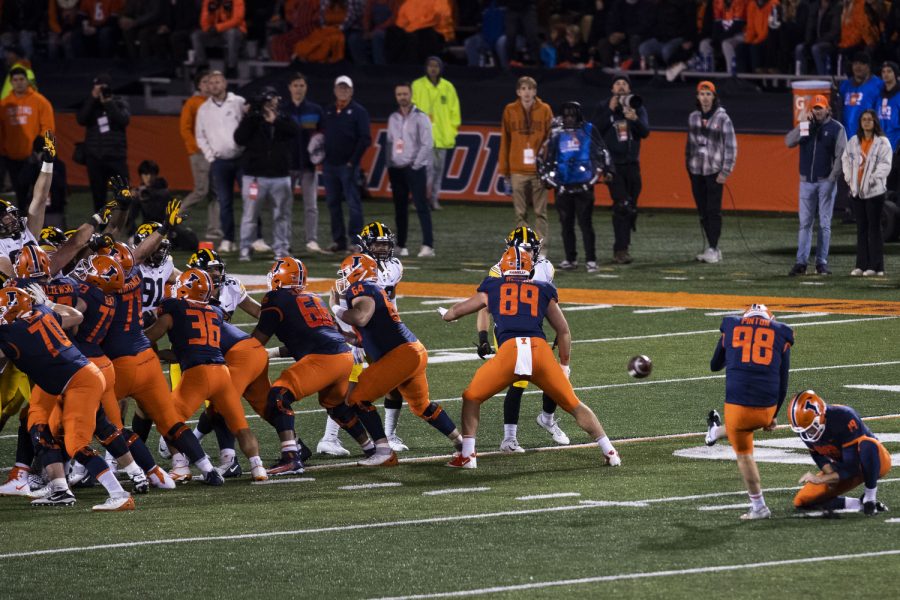 Illinois kicker Fabrizio Pinton kicks a field goal during a football game between Iowa and Illinois at Memorial Stadium in Champaign, Ill., on Saturday, Oct. 8, 2022. The Fighting Illini defeated the Hawkeyes, 9-6.