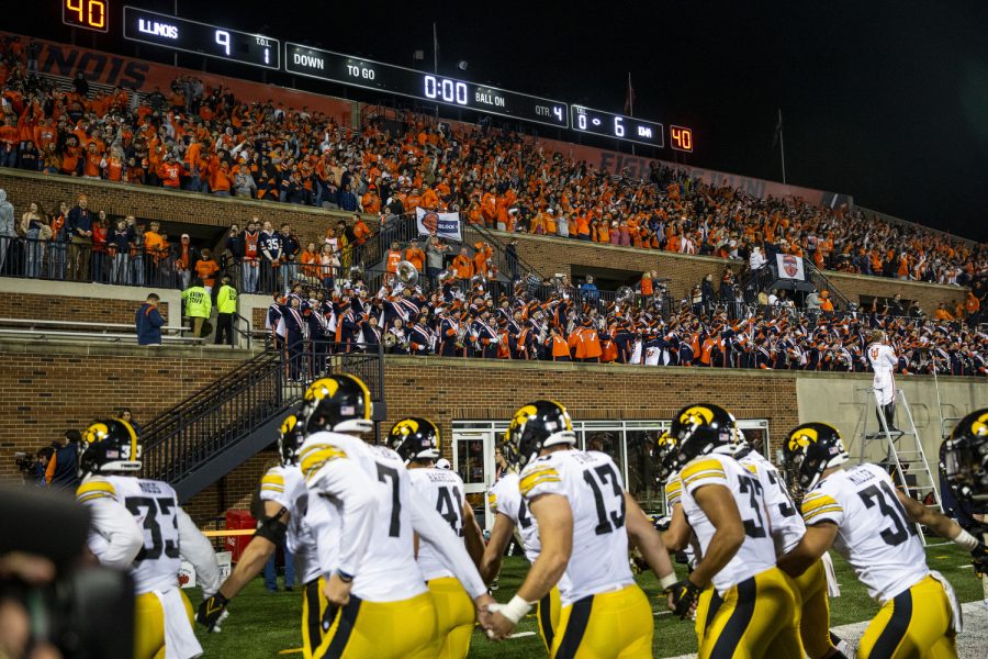 Iowa+exits+the+field+after+a+football+game+between+Iowa+and+Illinois+at+Memorial+Stadium+in+Champaign%2C+Ill.%2C+on+Saturday%2C+Oct.+8%2C+2022.+The+Fighting+Illini+defeated+the+Hawkeyes%2C+9-6.