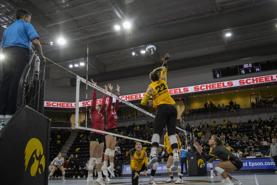 Iowa outside hitter Addie VanderWeide spikes the ball during a volleyball match between Iowa and Indiana at Xtream Arena in Coralville, Iowa, on Saturday, Oct. 8, 2022. VanderWeide had 7 kills. The Hawkeyes defeated Hoosiers 3-2.