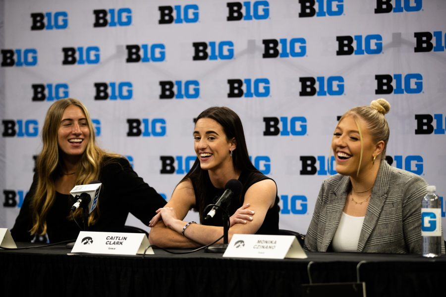Iowa womens basketball players Kate Martin, Caitlin Clark, and Monika Czinano laugh during day one of Big Ten Media Days at Target Center in Minneapolis on Tuesday, Oct. 11, 2022. This year marks the first year of the Target Center hosting Big Ten Media Days. I remember like, I ran out the tunnel, Clark said in response to a memory that jumps out. Theres like 15,000 people therem and it was just so loud, and Kate runs out right behind me. I turned and looked ... and Im like, oh my gosh, I have the chills...It was just one of the coolest feelings and nobody really supports womens basketball like the University of Iowa.