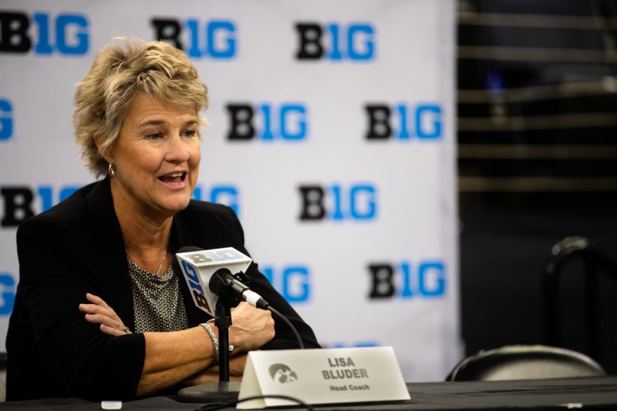 Iowa womens basketball head coach Lisa Bluder speaks during day one of Big Ten Media Days at Target Center in Minneapolis on Tuesday, Oct. 11, 2022. This year marks the first year of the Target Center hosting Big Ten Media Days.