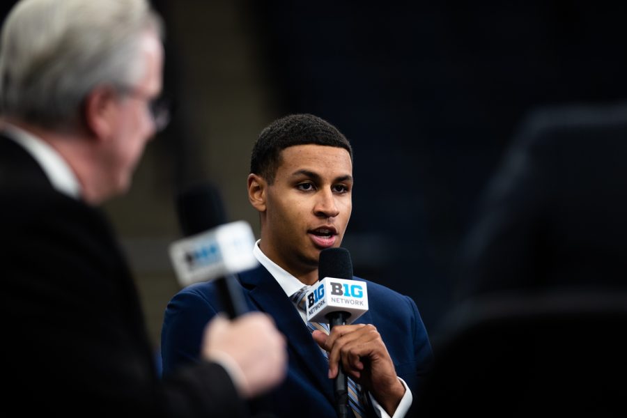 Iowa mens basketball forward Kris Murray speaks during day one of Big Ten Media Days at Target Center in Minneapolis on Tuesday, Oct. 11, 2022. This year marks the first year of the Target Center hosting Big Ten Media Days.