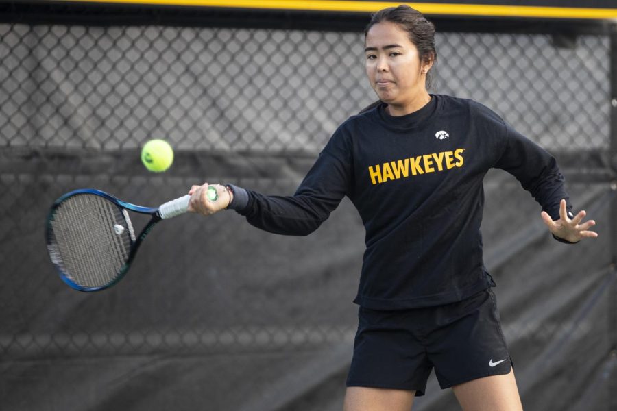 Iowa’s Daianne Hayashida hits a ball during a practice for the Iowa tennis team at the Hawkeye Tennis & Recreation Complex in Iowa City on Tuesday, Oct. 11, 2022. 