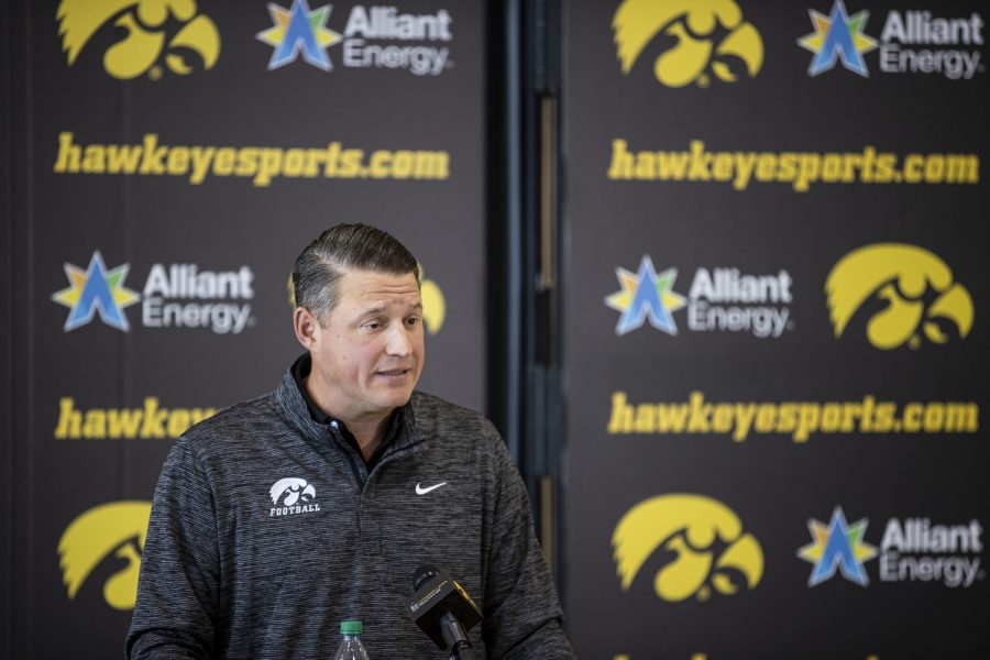 Iowa+offensive+coordinator+Brian+Ferentz+speaks+with+reporters+during+an+Iowa+football+press+conference+for+the+team%E2%80%99s+coordinators+at+the+Hansen+Football+Performance+Center+in+Iowa+City+on+Wednesday%2C+Oct.+12%2C+2022.+Reporters+asked+Ferentz+if+a+more+mobile+quarterback+would+benefit+the+system.+Ferentz+explained+the+passing+game+operates+in+a+system+and+it+would+not.+%E2%80%9CI+dont+know+that+the+mobility+%E2%80%94+just+having+a+guy+running+around%2C+Im+not+sure+thats+going+to+solve+any+of+our+issues%2C%E2%80%9D+Ferentz+said.+%E2%80%9CYoure+not+going+to+be+any+more+open+just+because+a+guy+is+running+around.%E2%80%9D+