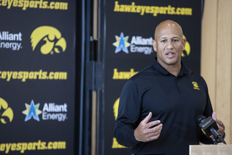 Iowa special teams coordinator Levar Woods speaks with media during an Iowa football press conference for the team’s coordinators at the Hansen Football Performance Center in Iowa City on Wednesday, Oct. 12, 2022. Woods took time to acknowledge long snapper Luke Elkin and other special teams players that don’t receive tons of attention. “Some things that are kind of hidden that people don't really notice, [Iowa punter Tory Taylor] is getting some really good snaps from Luke Elkin. Something that I think maybe as a younger coach I took for granted, the snapper position and how critical that is and how much it can help a punter. The Hawkeyes hosted the press conference because of the bye week. 