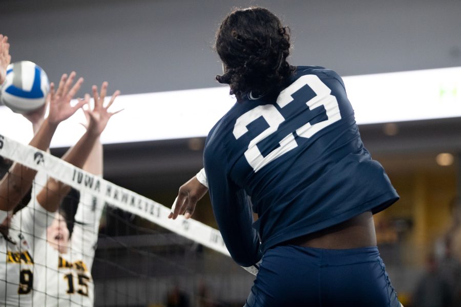 Penn State outside hitter Kashuana Williams hits the ball during a volleyball match between Iowa and Penn State at Xtream Arena in Coralville on Friday, October 15, 2022. Williams had 16 kills. The Nittany Lions defeated the Hawkeyes, 3-2.