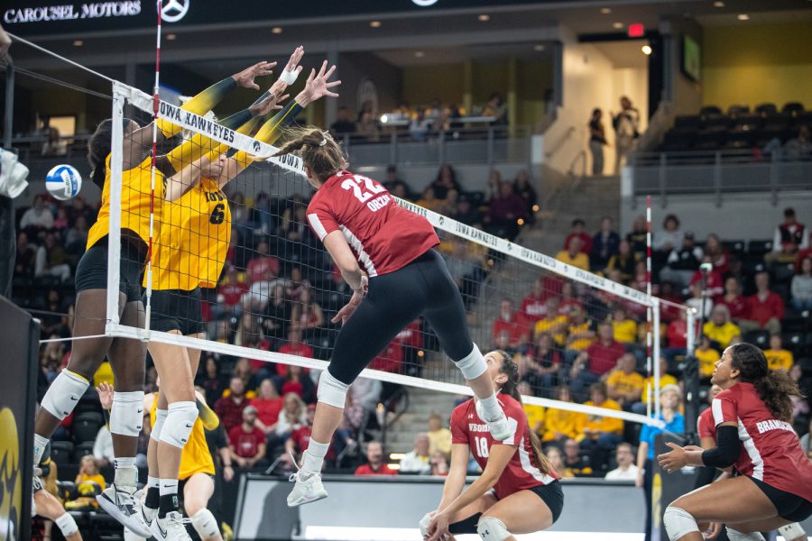 Wisconsin outside hitter Julia Orzol spikes the ball during a volleyball match between Iowa and Wisconsin at Xtream Arena in Coralville on Friday, Oct. 14, 2022. The Badgers defeated the Hawkeyes, 3-0.