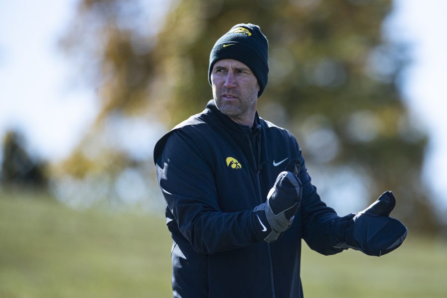 Iowa’s head coach Tyler Stith claps after a shot during the Iowa Fall Classic at Blue Top Ridge Golf Course in Riverside, Iowa, on Monday, Oct. 17, 2022. The Hawkeyes defeated eight other teams to win the tournament, shooting 20 over par.