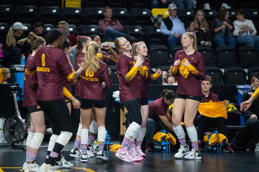 Minnesota Gophers dance during a volleyball match between Iowa and Minnesota on Wednesday, October 19, 2022. The Gophers beat the Hawkeyes, 3-0.