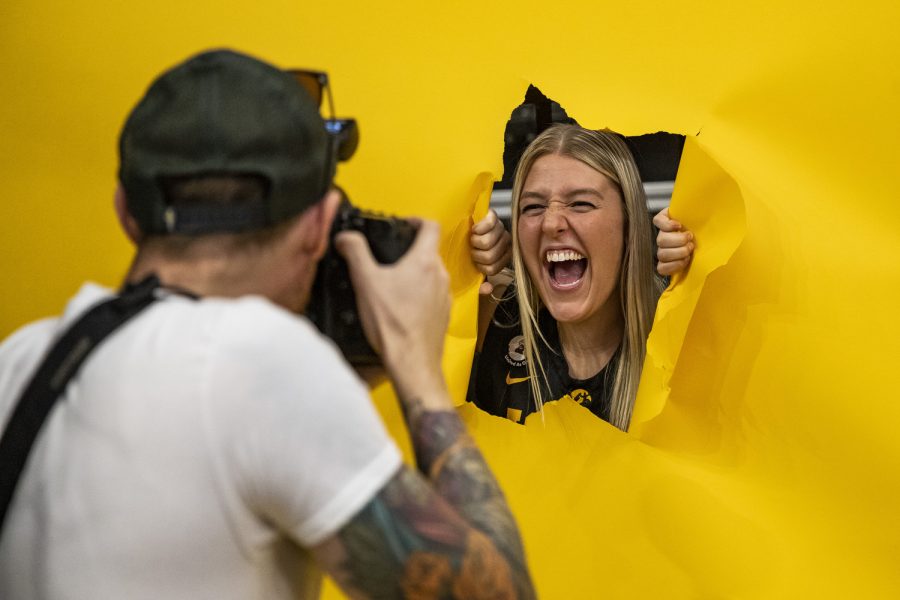 Iowa center Monika Czinano poses for a portrait during Iowa Women’s Basketball Media Day at Carver-Hawkeye Arena in Iowa City on Thursday, Oct. 20, 2022. Czinano returns for her fifth year after starting 31 out of 32 games in the 2021-22 season, averaging 21.2 points per game. “We return Monika Czinano, preseason All-Big Ten for the second straight year, and should be after leading the country at 68 percent field goal shooting,” head coach Lisa Bluder said.