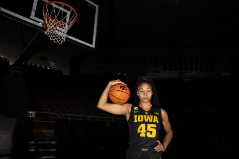 Iowa forward and freshman Hannah Stuelke poses for a portrait during Iowa Women’s Basketball Media Day at Carver-Hawkeye Arena in Iowa City on Thursday, Oct. 20, 2022. Stuelke was ranked No. 45 recruit nationally by ESPN in 2022. In High School, Stuelke was named Iowa Gatorade Player of the Year.