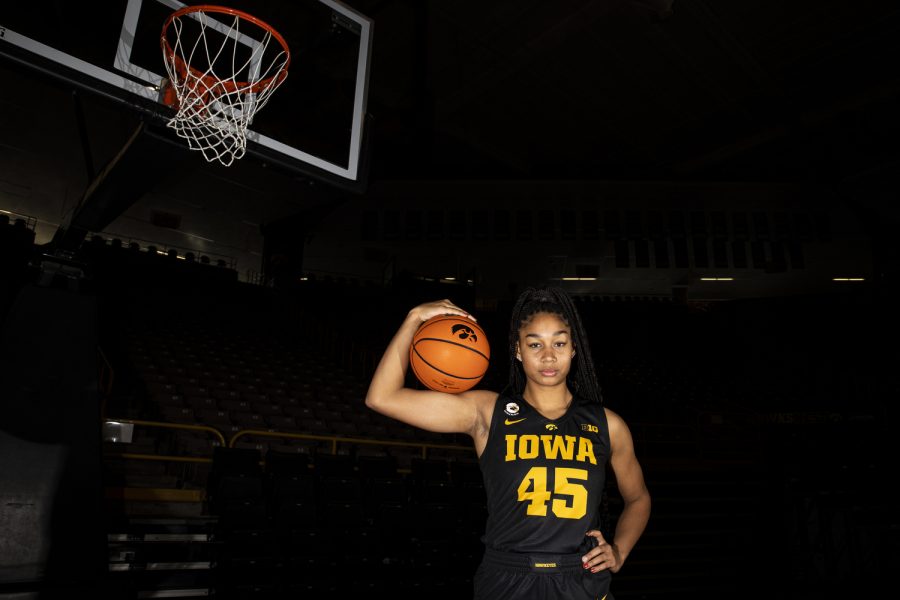 Iowa+forward+and+freshman+Hannah+Stuelke+poses+for+a+portrait+during+Iowa+Women%E2%80%99s+Basketball+Media+Day+at+Carver-Hawkeye+Arena+in+Iowa+City+on+Thursday%2C+Oct.+20%2C+2022.+Stuelke+was+ranked+No.+45+recruit+nationally+by+ESPN+in+2022.+In+High+School%2C+Stuelke+was+named+Iowa+Gatorade+Player+of+the+Year.