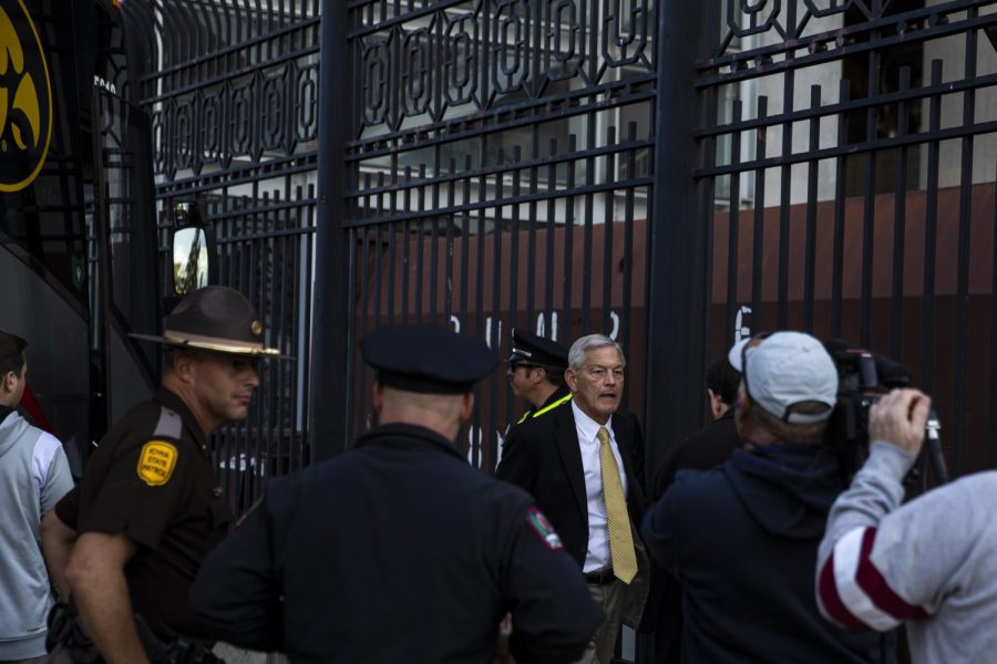 Iowa head coach Kirk Ferentz gets off the team bus before a football game between Iowa and No. 2 Ohio State at Ohio Stadium in Columbus, Ohio, on Saturday, Oct. 22, 2022.  