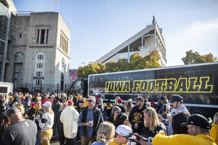 Fans tailgate before a football game between Iowa and No. 2 Ohio State outside Ohio Stadium in Columbus, Ohio, on Saturday, Oct. 22, 2022. 
