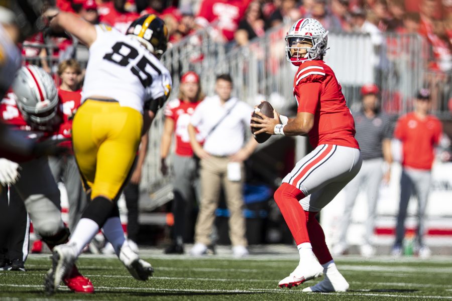 Ohio State quarterback C.J. Stroud drops back to pass during a football game between Iowa and No. 2 Ohio State at Ohio Stadium in Columbus, Ohio, on Saturday, Oct. 22, 2022. (Jerod Ringwald/The Daily Iowan)