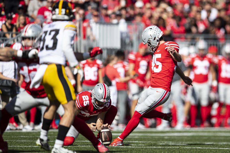 Ohio State kicker Bennett Christian kicks a field goal during a football game between Iowa and No. 2 Ohio State at Ohio Stadium in Columbus, Ohio, on Saturday, Oct. 22, 2022. (Jerod Ringwald/The Daily Iowan)