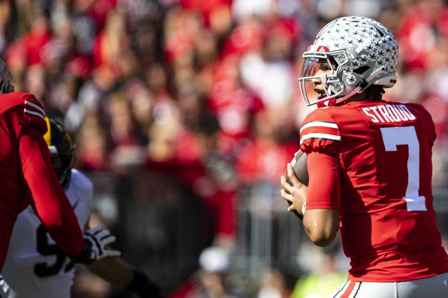 Ohio State quarterback C.J. Stroud drops back to pass during a football game between Iowa and No. 2 Ohio State at Ohio Stadium in Columbus, Ohio, on Saturday, Oct. 22, 2022. (Jerod Ringwald/The Daily Iowan)