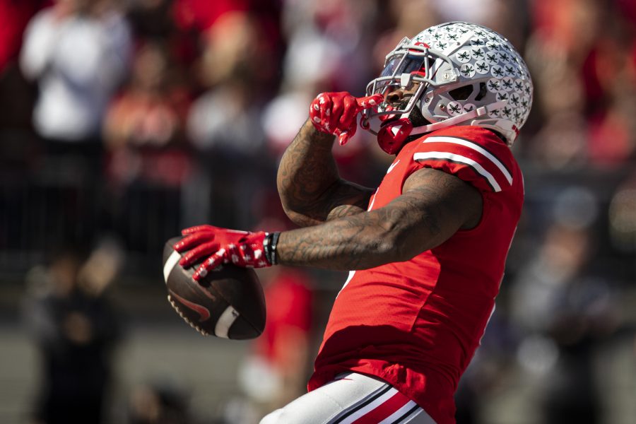 Ohio State running back Miyan Williams celebrates during a football game between Iowa and No. 2 Ohio State at Ohio Stadium in Columbus, Ohio, on Saturday, Oct. 22, 2022. (Jerod Ringwald/The Daily Iowan)