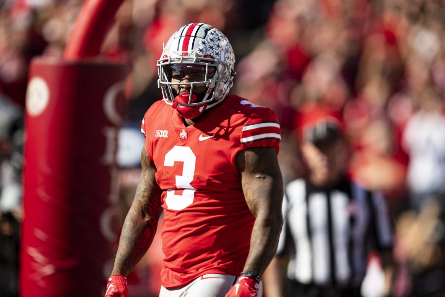 Ohio State running back Miyan Williams celebrates during a football game between Iowa and No. 2 Ohio State at Ohio Stadium in Columbus, Ohio, on Saturday, Oct. 22, 2022. (Jerod Ringwald/The Daily Iowan)