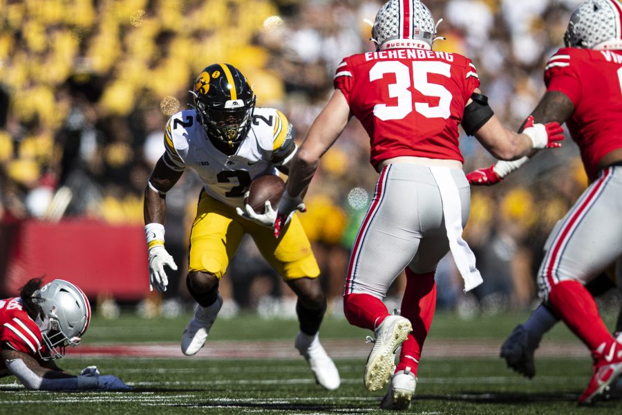 Iowa running back Kaleb Johnson searches for yards during a football game between Iowa and No. 2 Ohio State at Ohio Stadium in Columbus, Ohio, on Saturday, Oct. 22, 2022. 